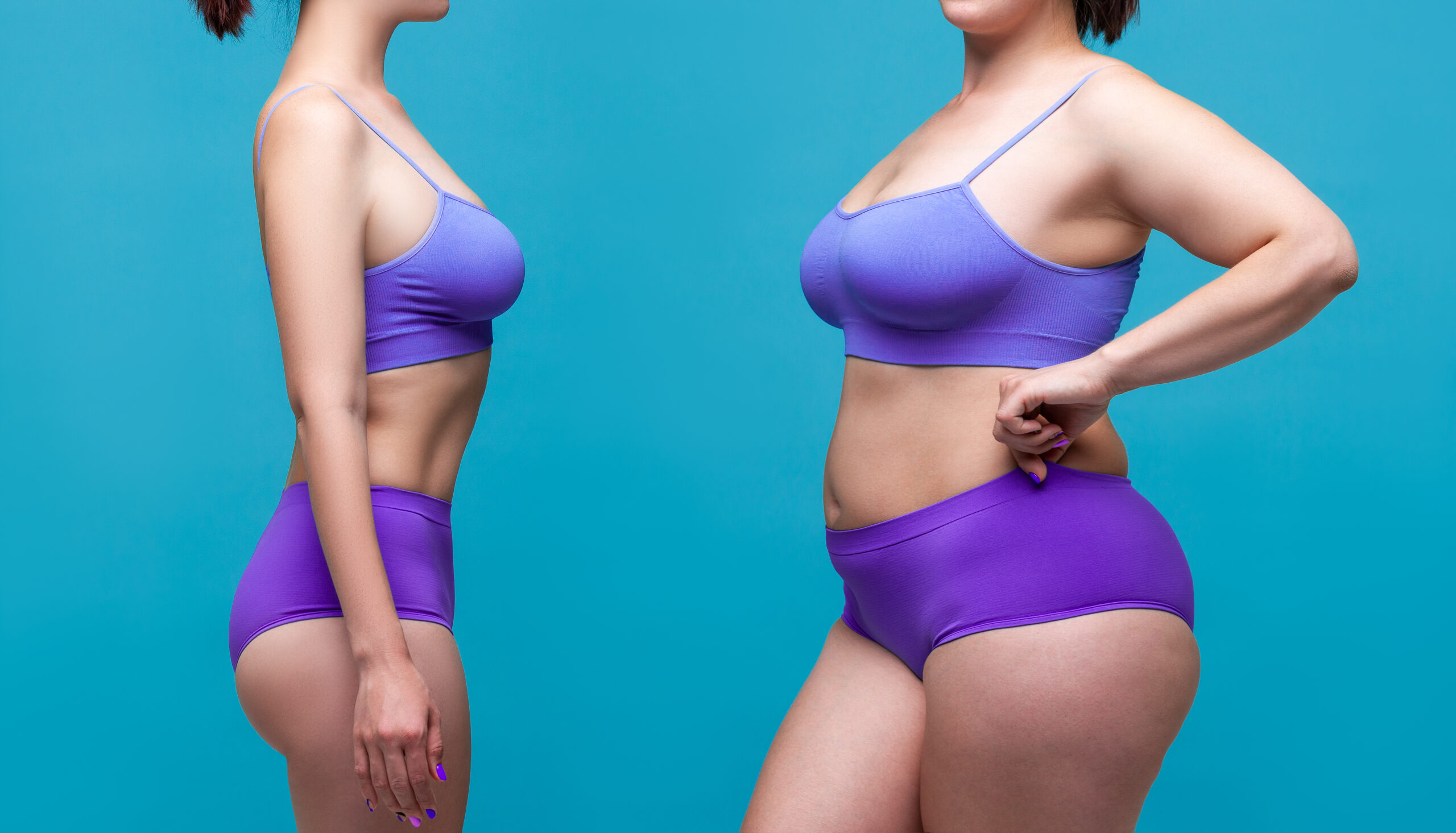 Woman’s body before and after weight loss on blue background