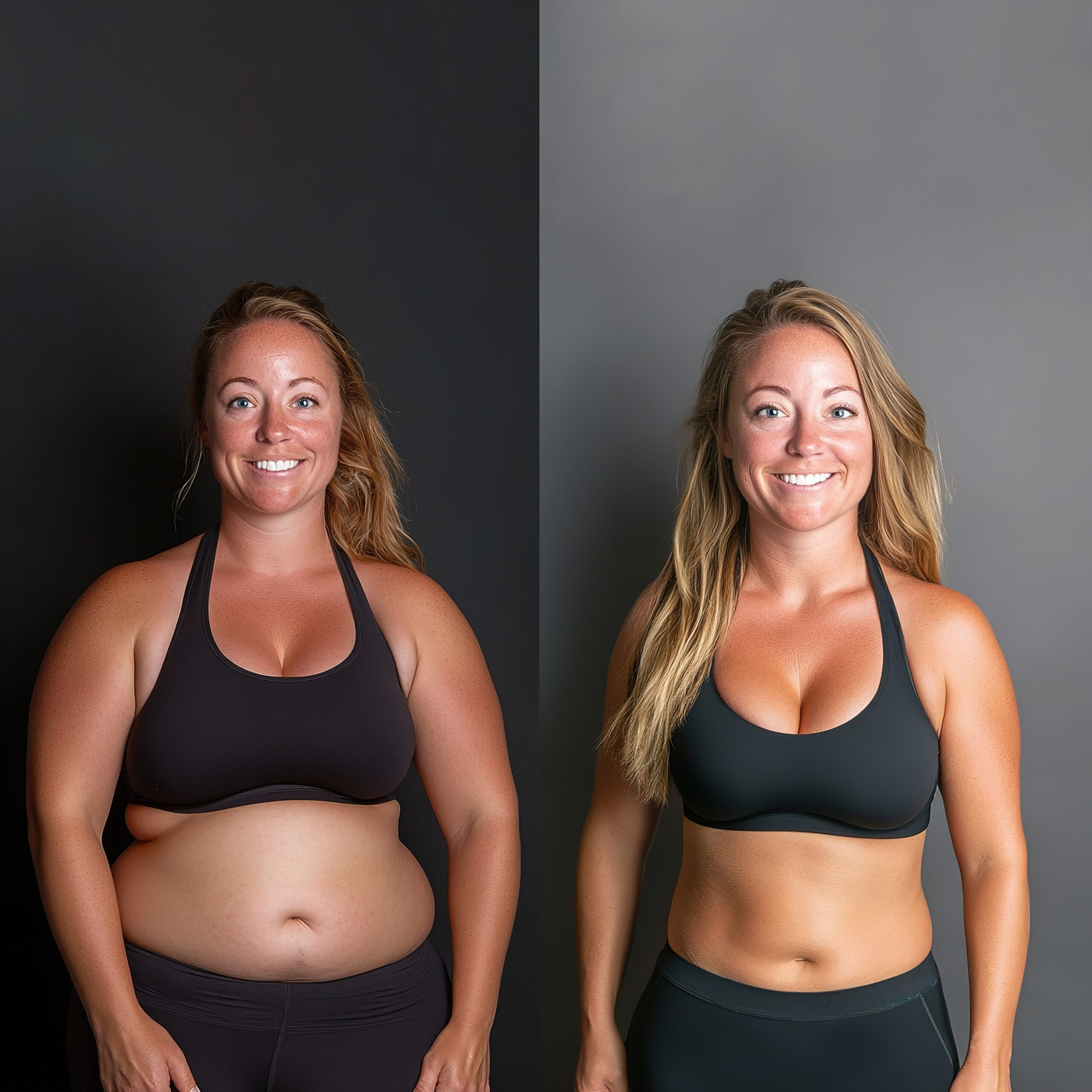 Side by side comparison of woman before and after weight loss journey